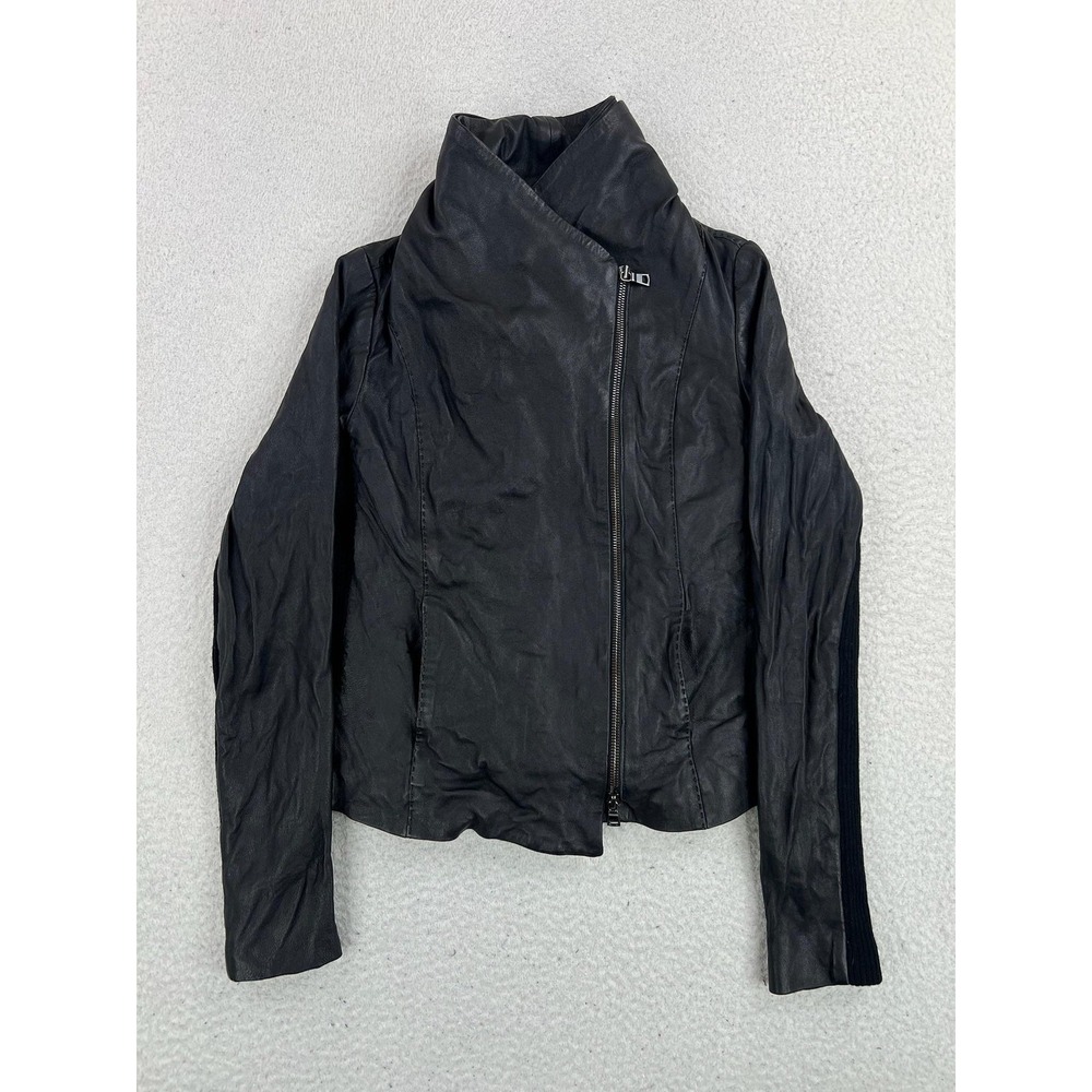 Vince Jacket Womens XS Black Leather Moto Asym Zip Funnel Collar Knit Panels